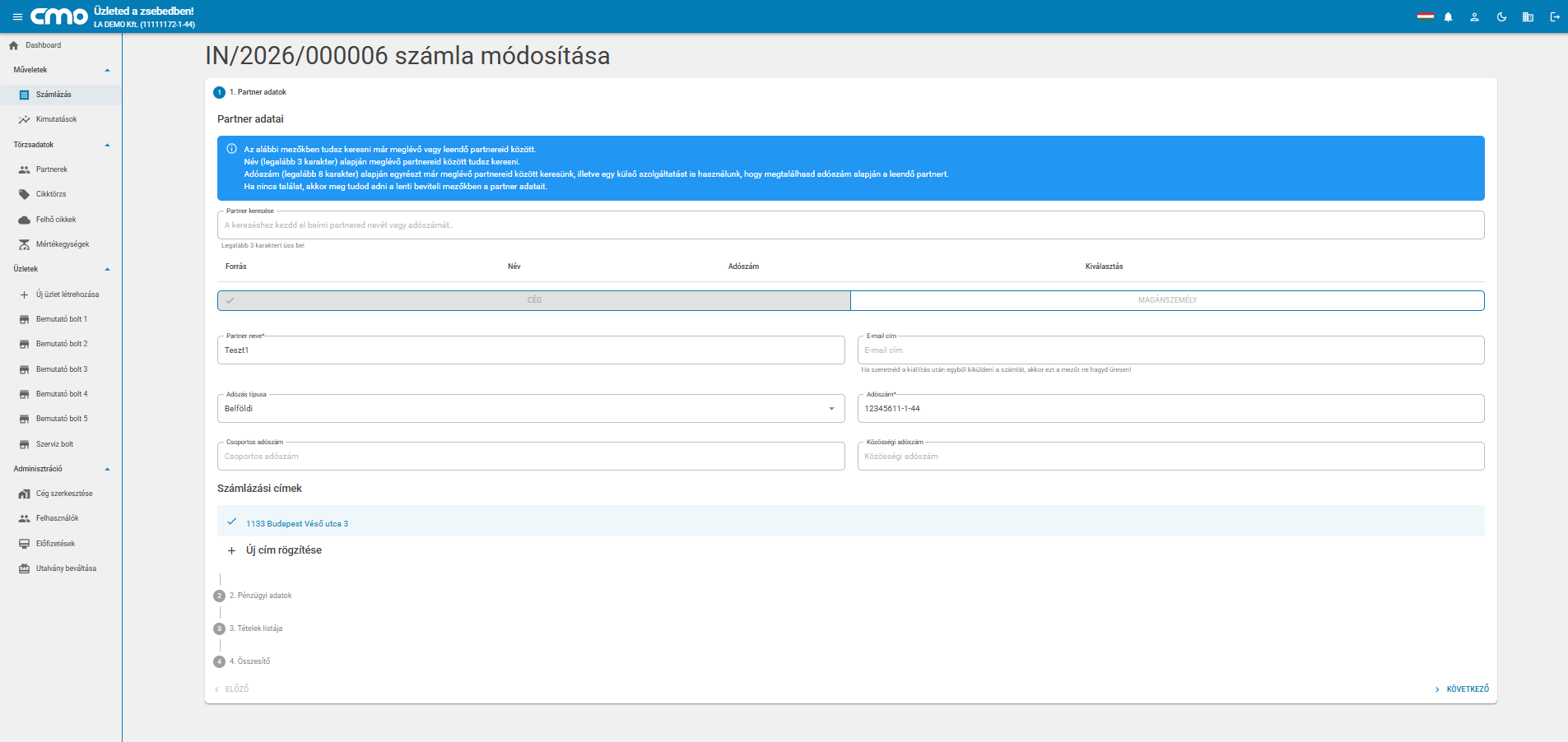 Számla módosítása – partner adatok