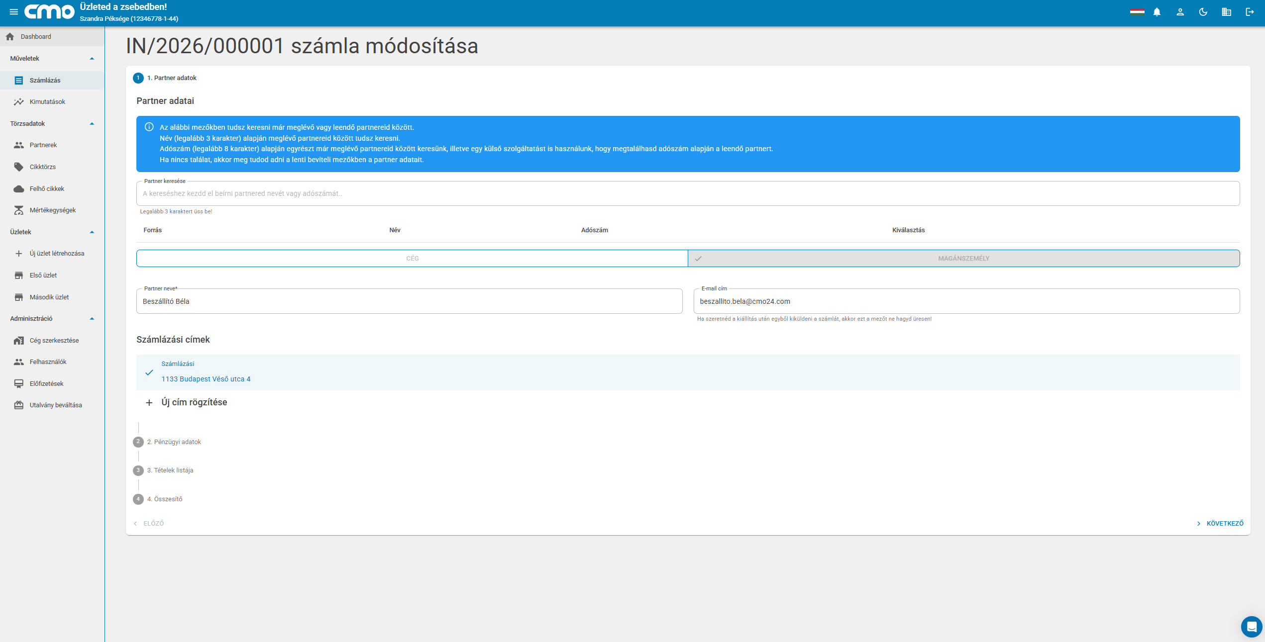 Számla módosítása – partner adatok