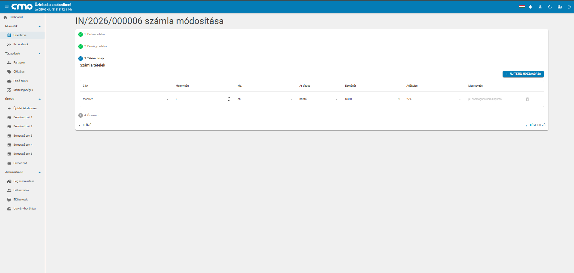 Számla módosítása – tételek